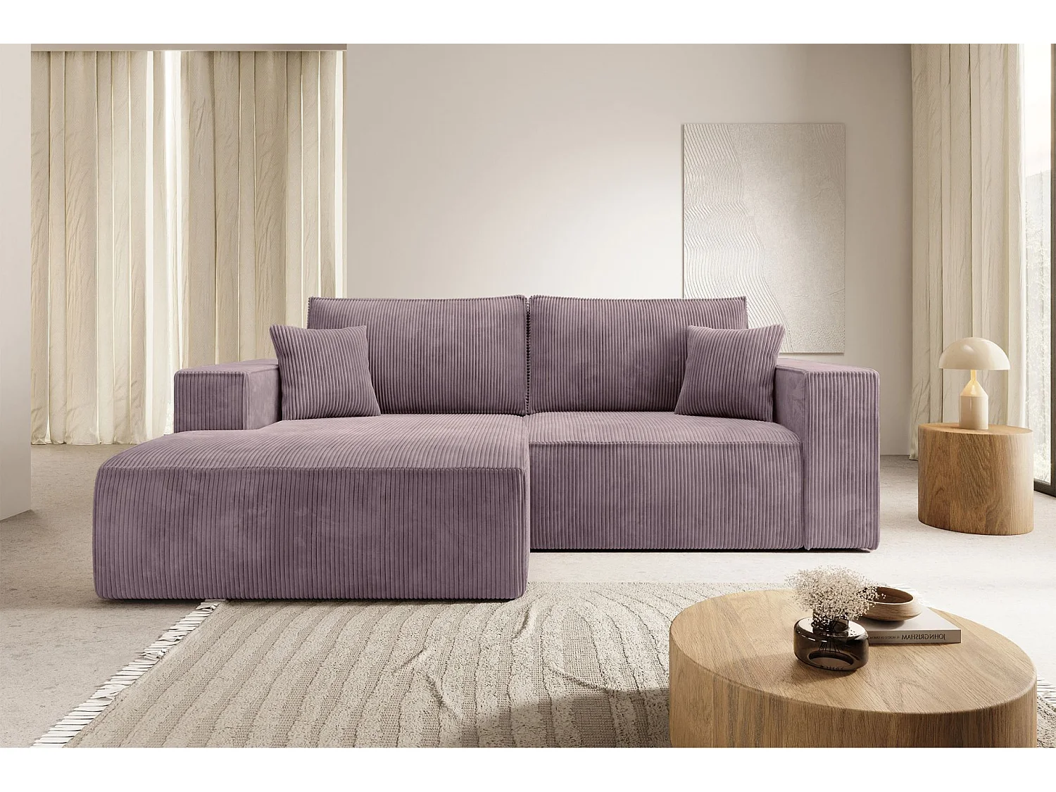Canapé d’angle convertible – en velours côtelé – lilas – gauche – FARESE MINI