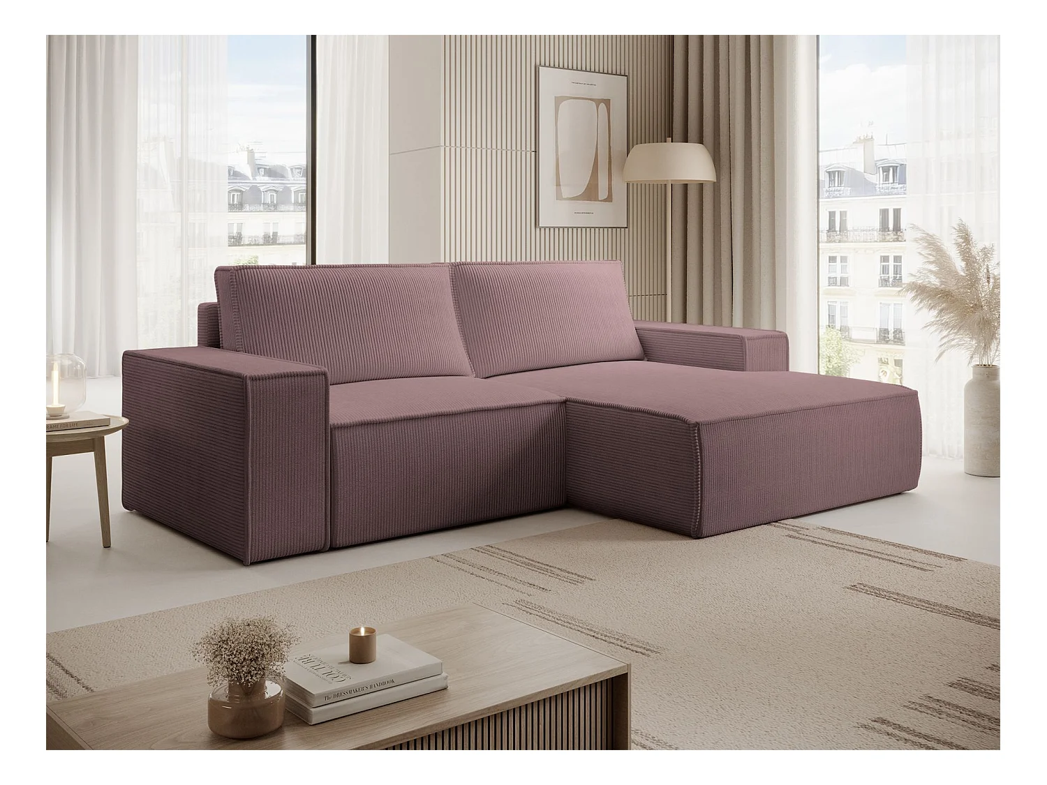 Canapé d’angle convertible – en velours côtelé – lilas – droite – FARESE MINI