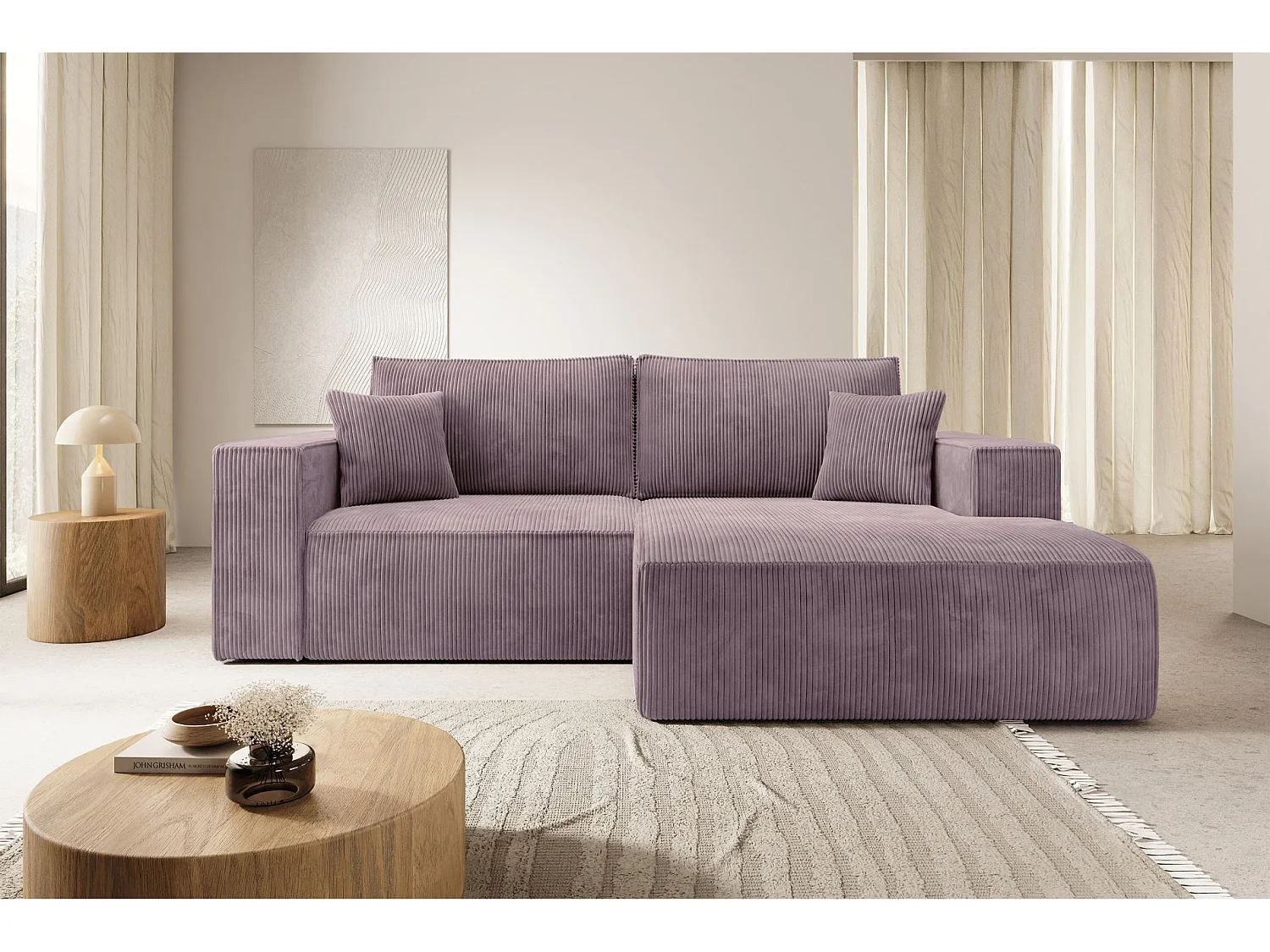 Canapé d’angle convertible – en velours côtelé – lilas – droite – FARESE MINI