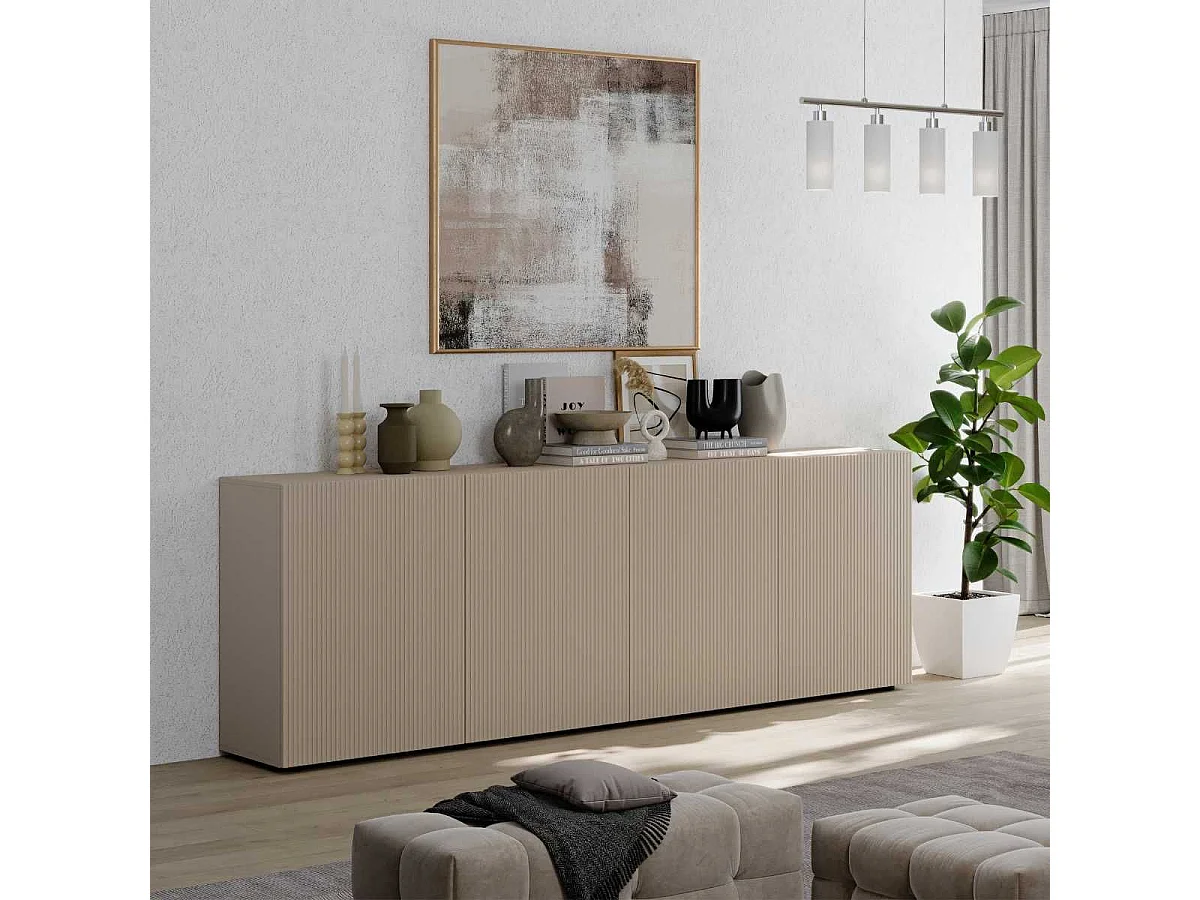 Buffet 4 portes beige façades relief à stries verticales - JANEIRO BEIGE