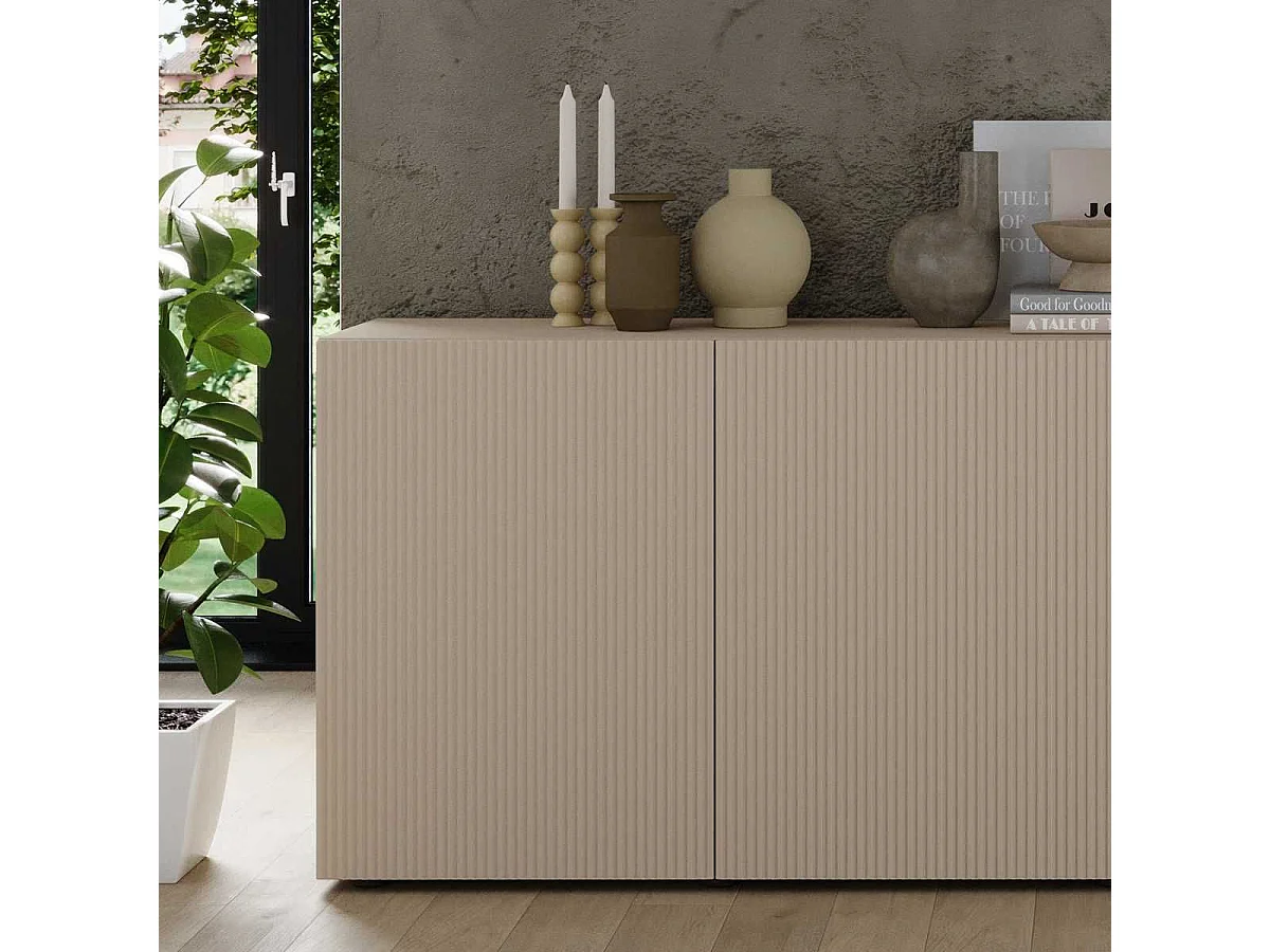 Buffet 4 portes beige façades relief à stries verticales - JANEIRO BEIGE