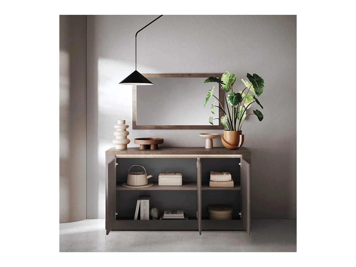 Buffet 3 portes aspect minéral bronze plateau bois Mercure avec LED - ISALIA BRONZE