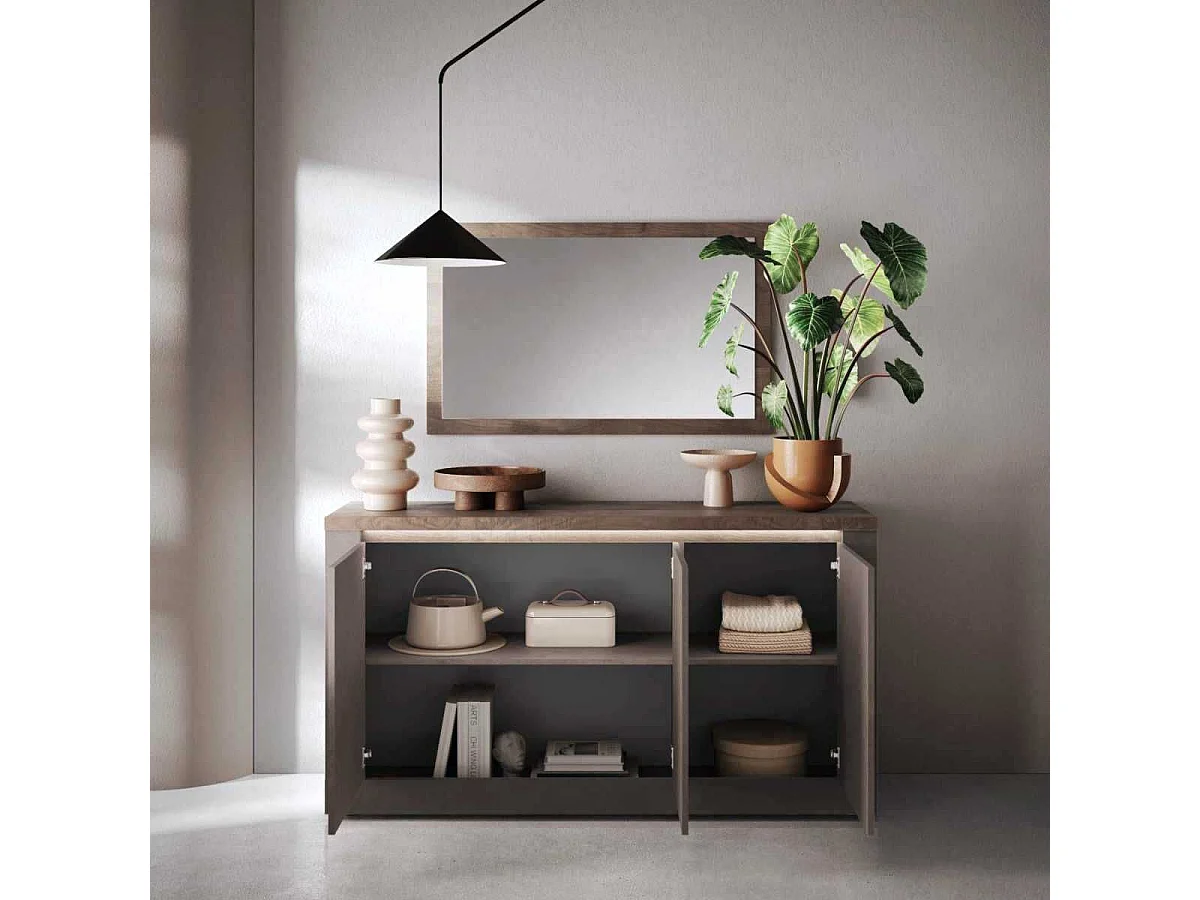 Buffet 3 portes aspect minéral bronze plateau bois Mercure avec LED - ISALIA BRONZE