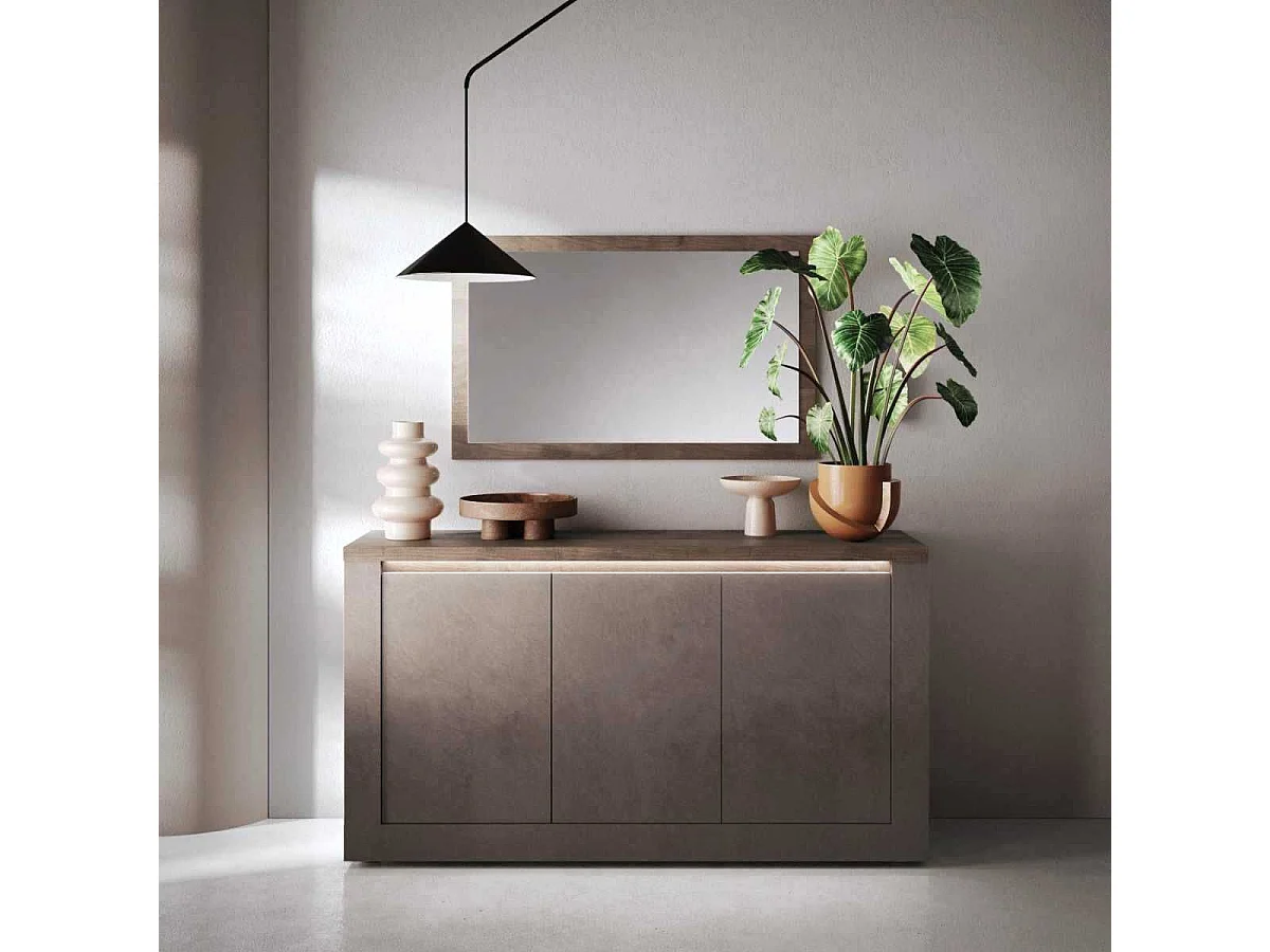 Buffet 3 portes aspect minéral bronze plateau bois Mercure avec LED - ISALIA BRONZE