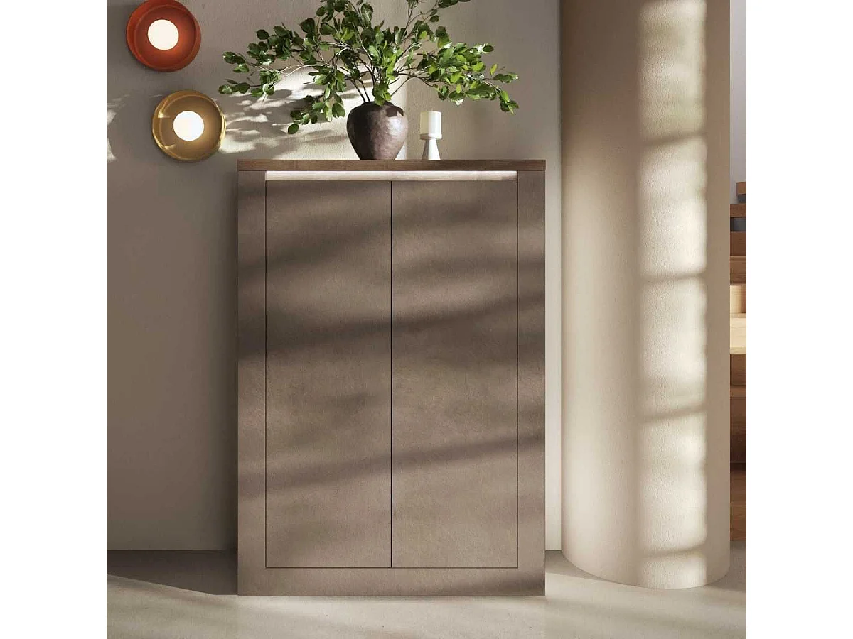 Rangement 2 portes aspect minéral bronze plateau bois Mercure avec LED - ISALIA BRONZE