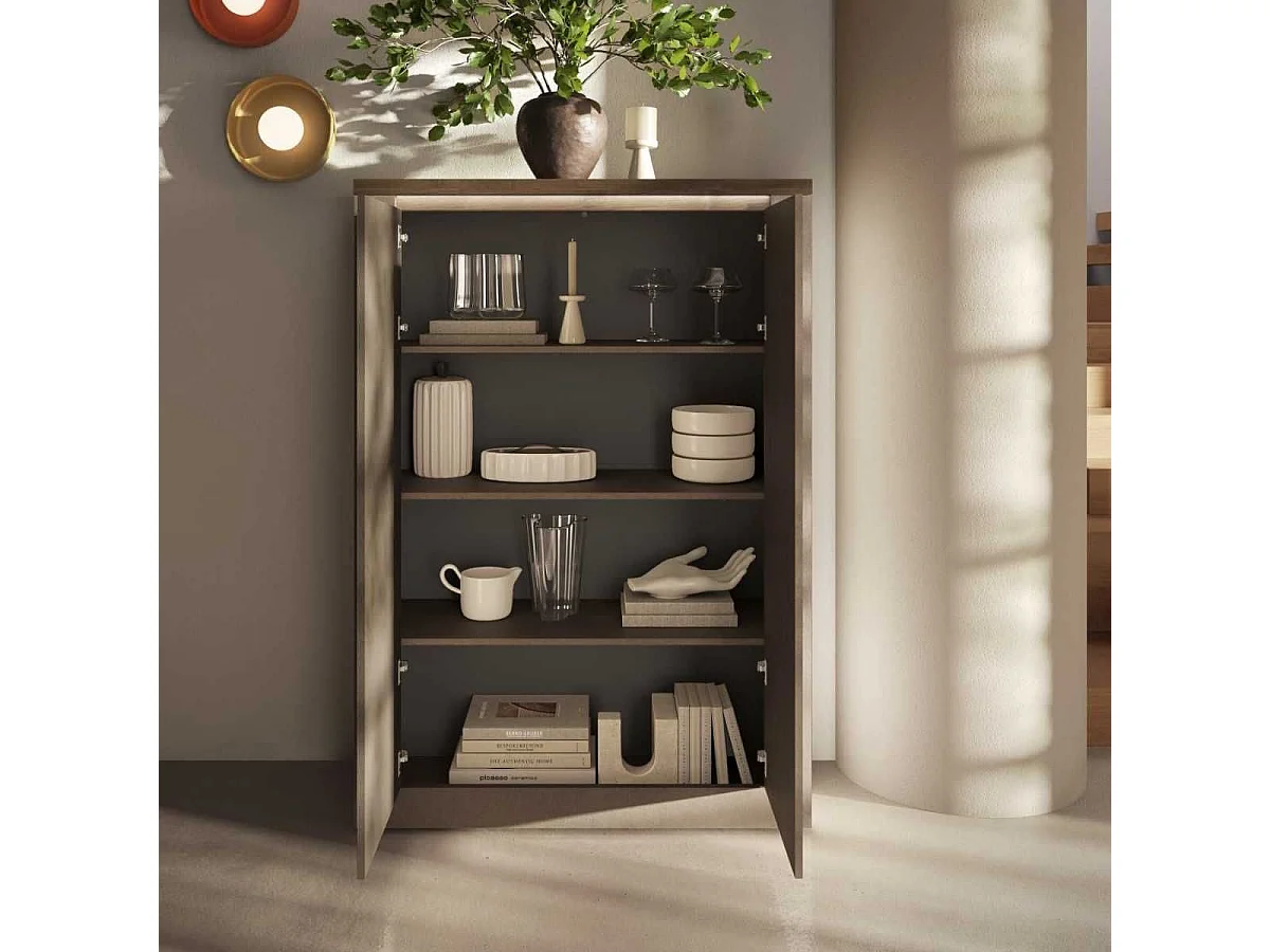 Rangement 2 portes aspect minéral bronze plateau bois Mercure avec LED - ISALIA BRONZE