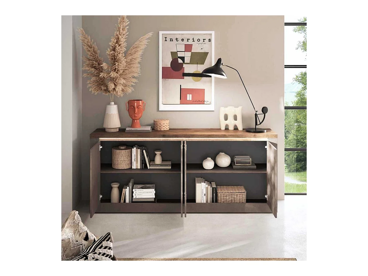 Buffet 4 portes aspect minéral bronze plateau bois Mercure avec LED - ISALIA BRONZE