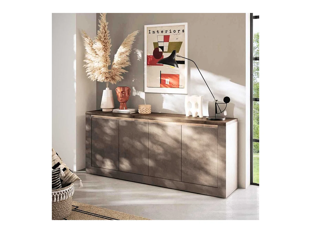 Buffet 4 portes aspect minéral bronze plateau bois Mercure avec LED - ISALIA BRONZE