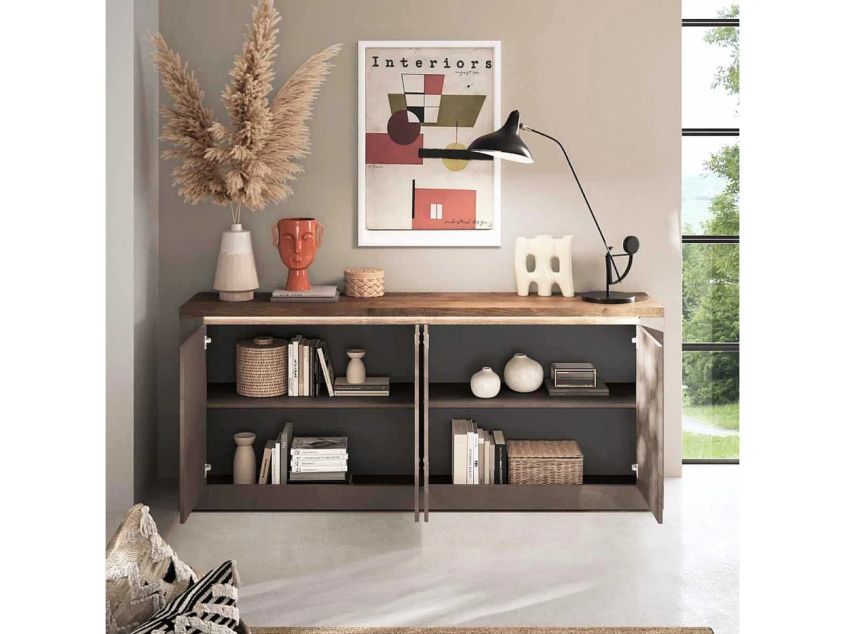 Buffet 4 portes aspect minéral bronze plateau bois Mercure avec LED - ISALIA BRONZE