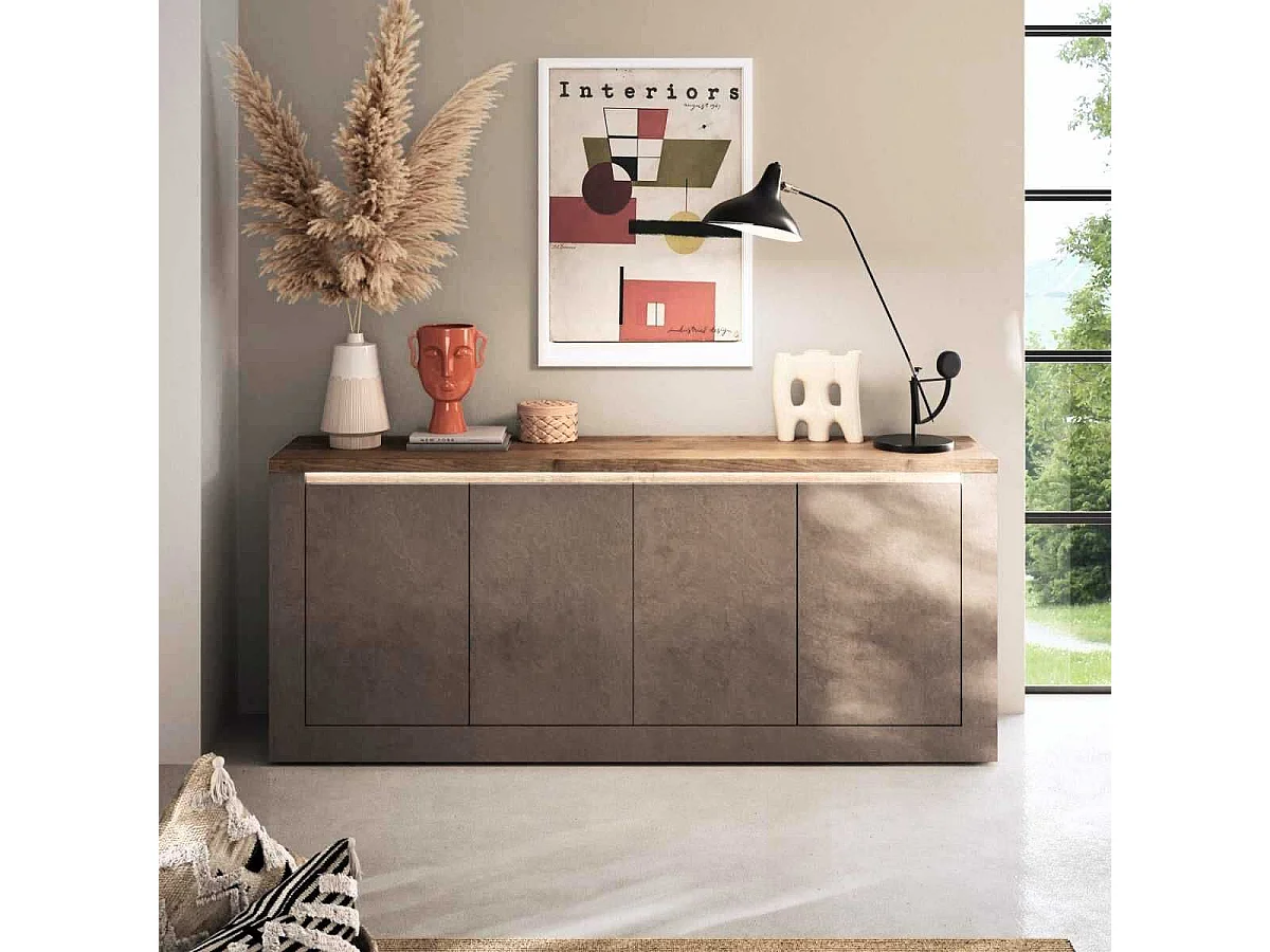 Buffet 4 portes aspect minéral bronze plateau bois Mercure avec LED - ISALIA BRONZE