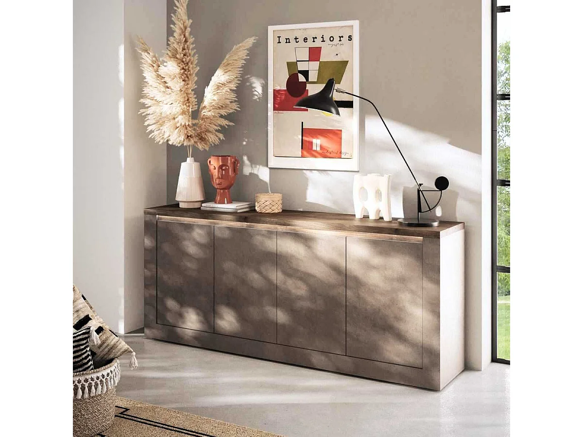 Buffet 4 portes aspect minéral bronze plateau bois Mercure avec LED - ISALIA BRONZE