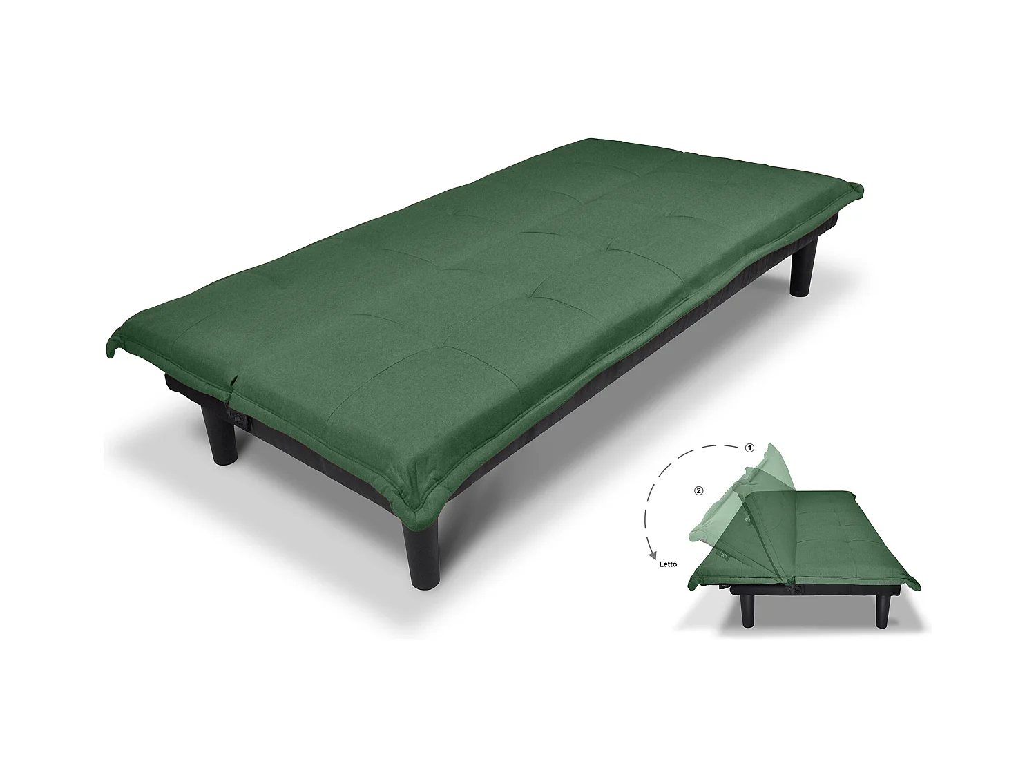 Divano letto clic clac, divanetto Russell in tessuto vellutato verde abete