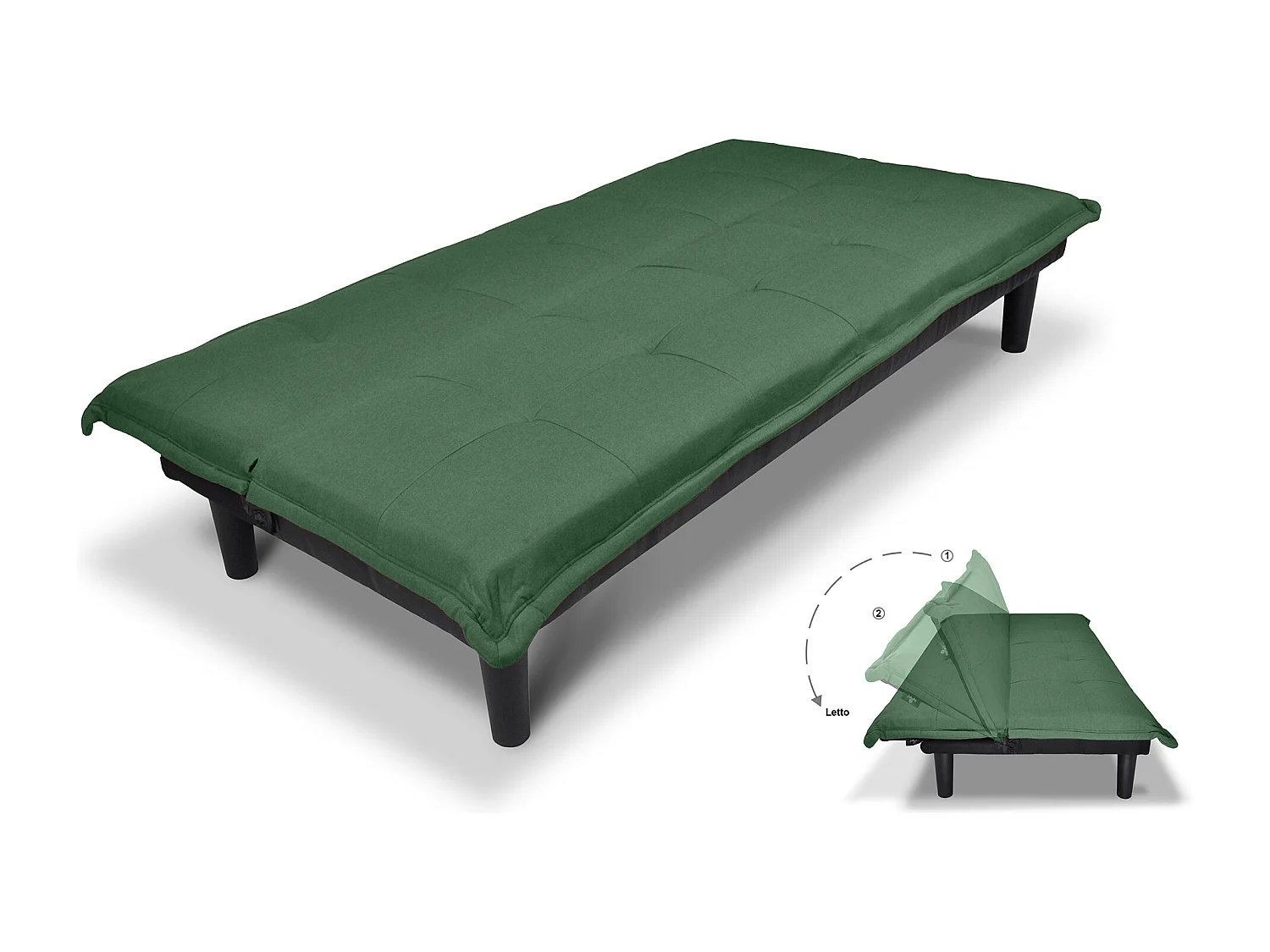 Divano letto clic clac, divanetto Russell in tessuto vellutato verde abete