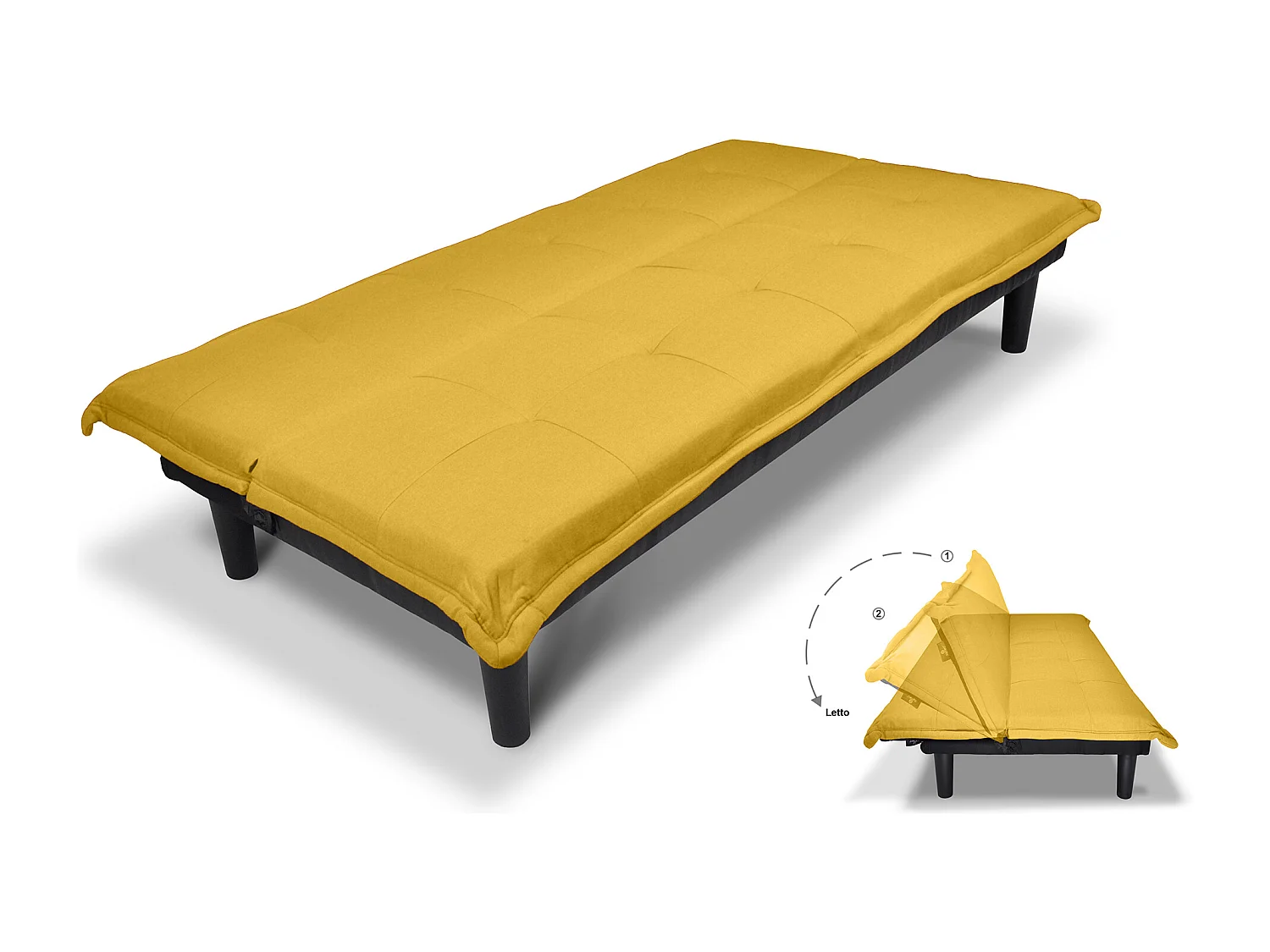 Divano letto clic clac, divanetto Russell in tessuto vellutato giallo