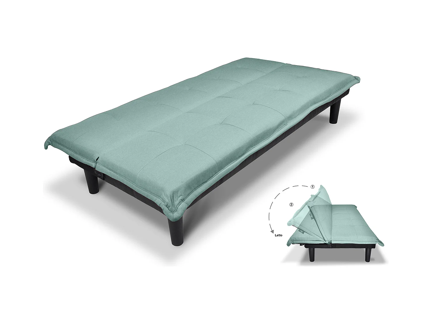 Divano letto clic clac, divanetto Russell in tessuto vellutato verde tiffany