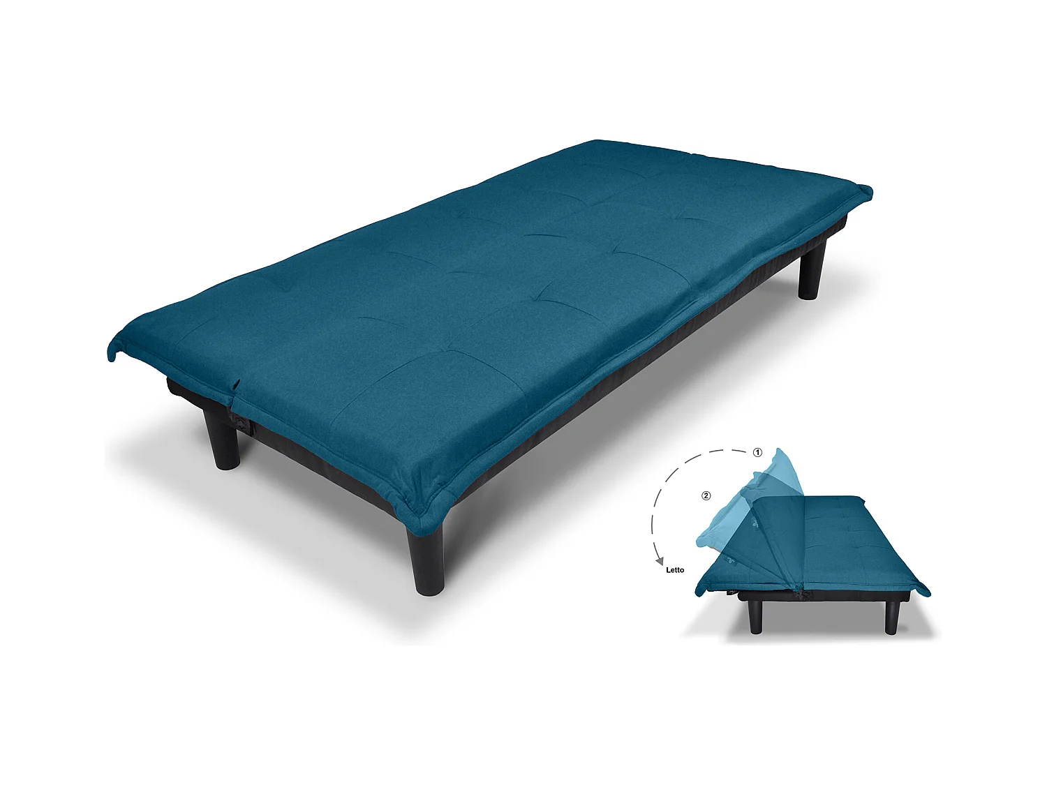 Divano letto clic clac, divanetto Russell in tessuto blu petrolio