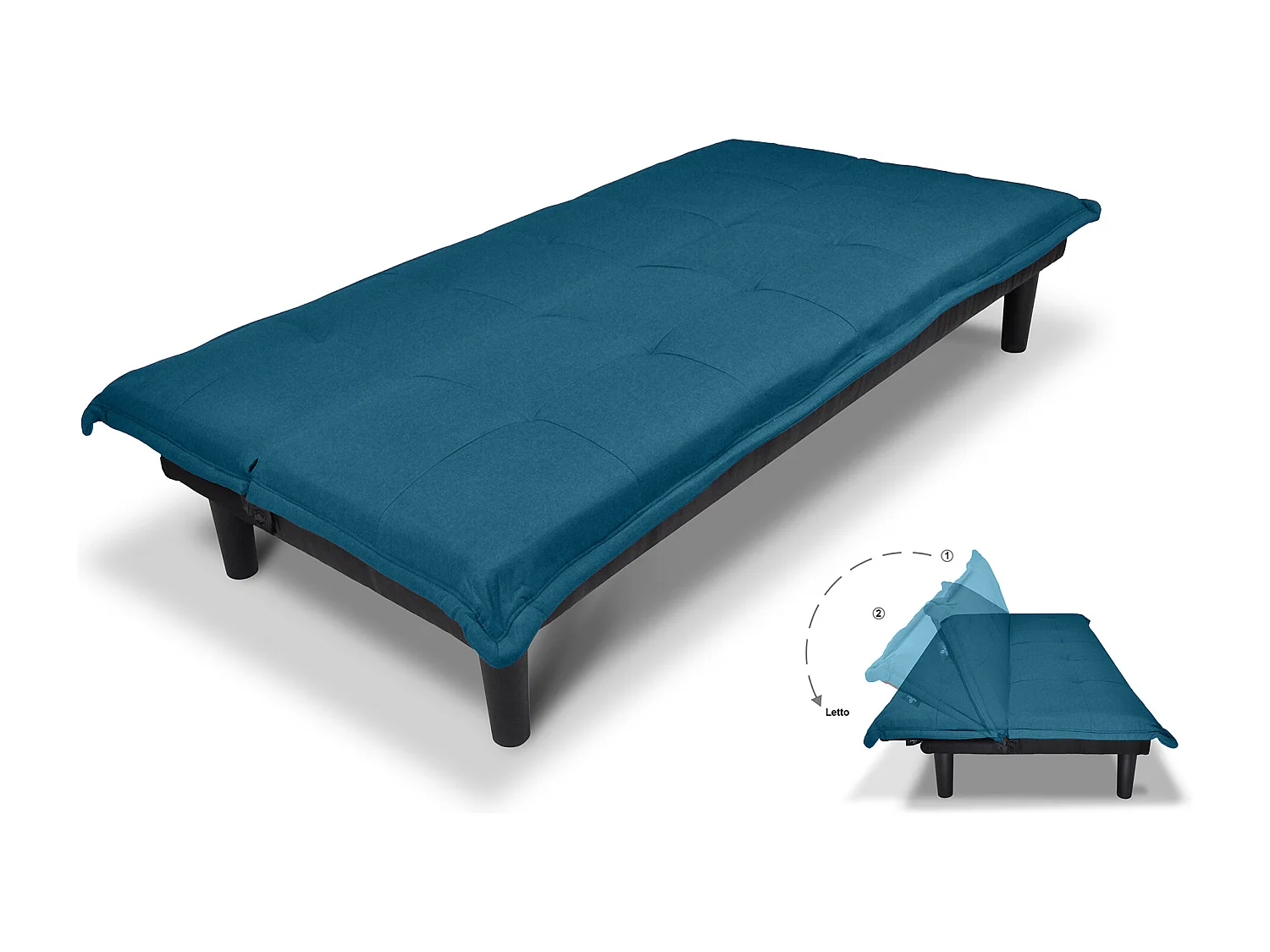 Divano letto clic clac, divanetto Russell in tessuto blu petrolio