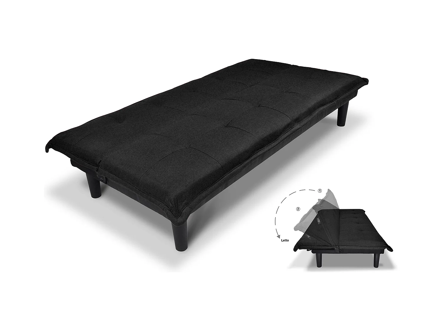 Divano letto clic clac, divanetto Russell in tessuto vellutato nero