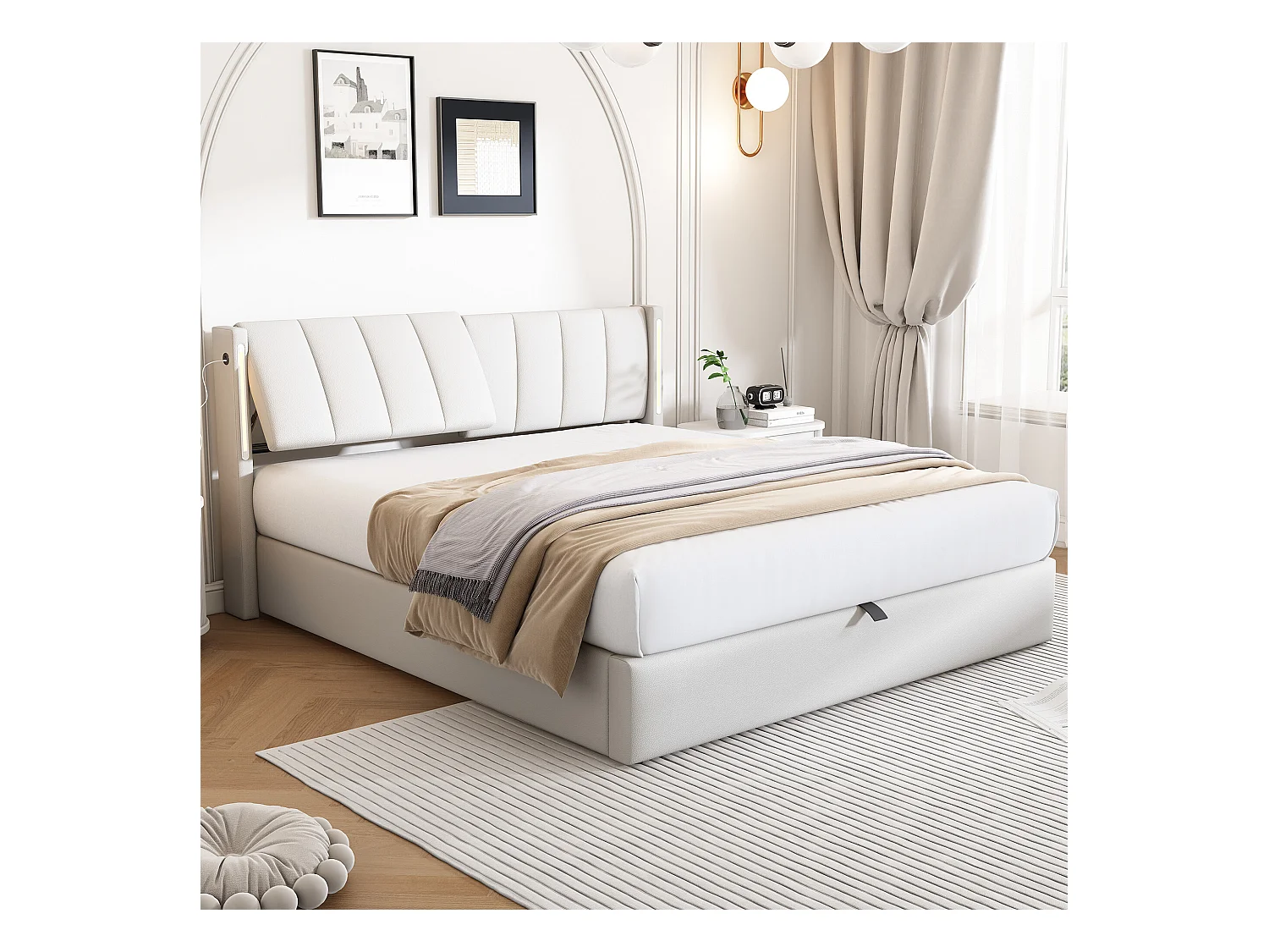 URBAN MEUBLE Lit coffre double PU blanc avec éclairage LED, USB et tête de lit réglable (160x200 cm)