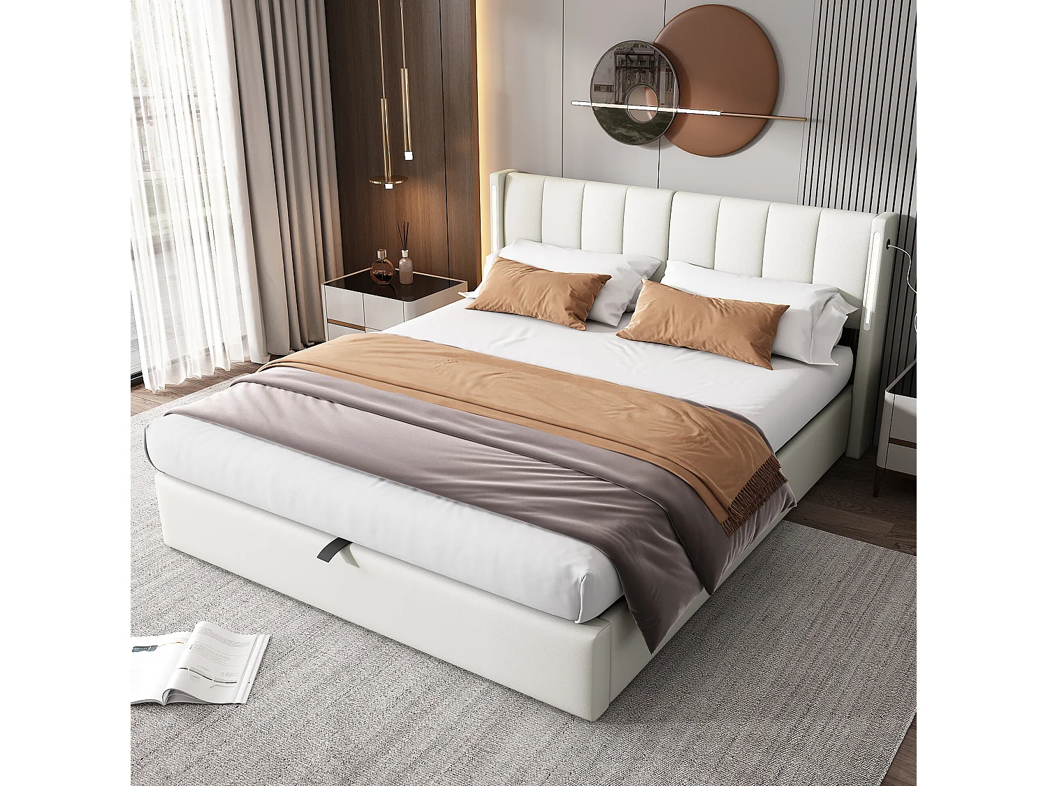 URBAN MEUBLE Lit coffre double PU blanc avec éclairage LED, USB et tête de lit réglable (160x200 cm)