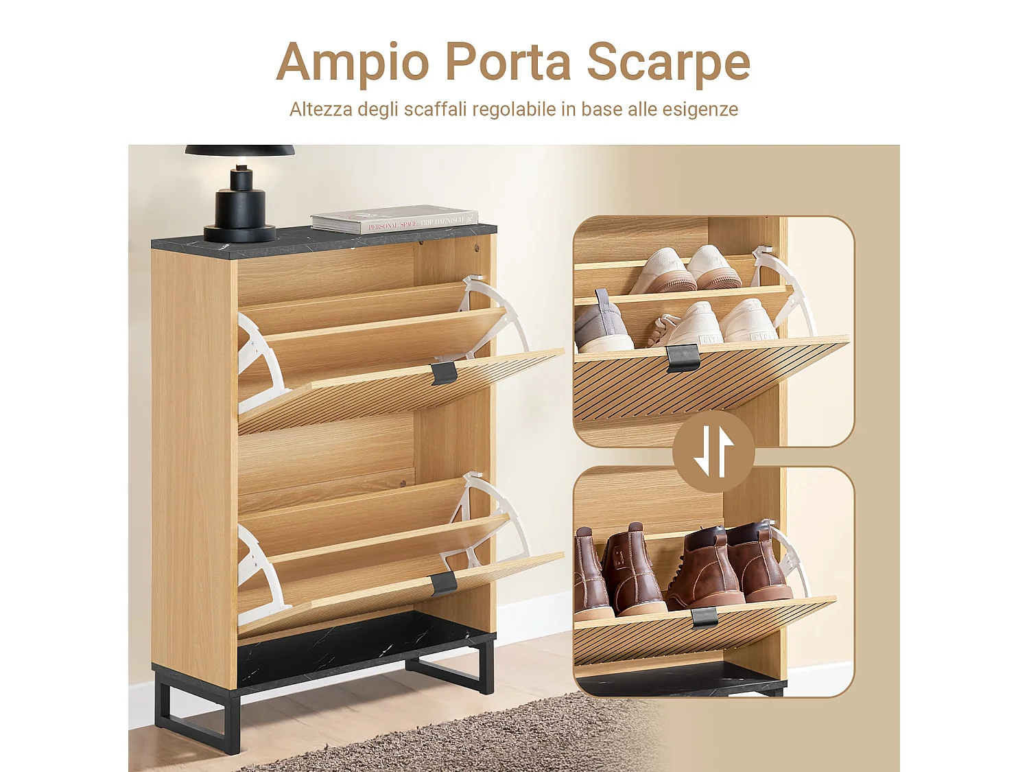 SoBuy Meuble à chaussures moderne à 2 portes pour 8-12 paires avec structure résistante effet marbre noir et bois clair 60x24x88cm