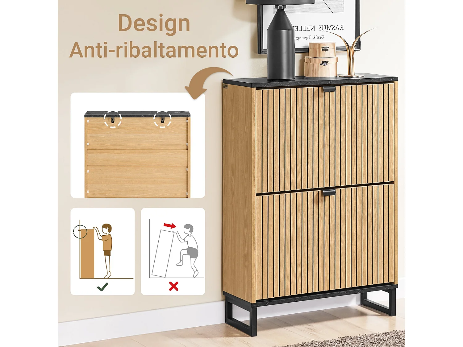 SoBuy Meuble à chaussures moderne à 2 portes pour 8-12 paires avec structure résistante effet marbre noir et bois clair 60x24x88cm