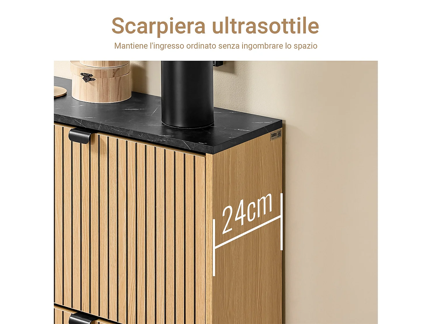 SoBuy Meuble à chaussures moderne à 2 portes pour 8-12 paires avec structure résistante effet marbre noir et bois clair 60x24x88cm