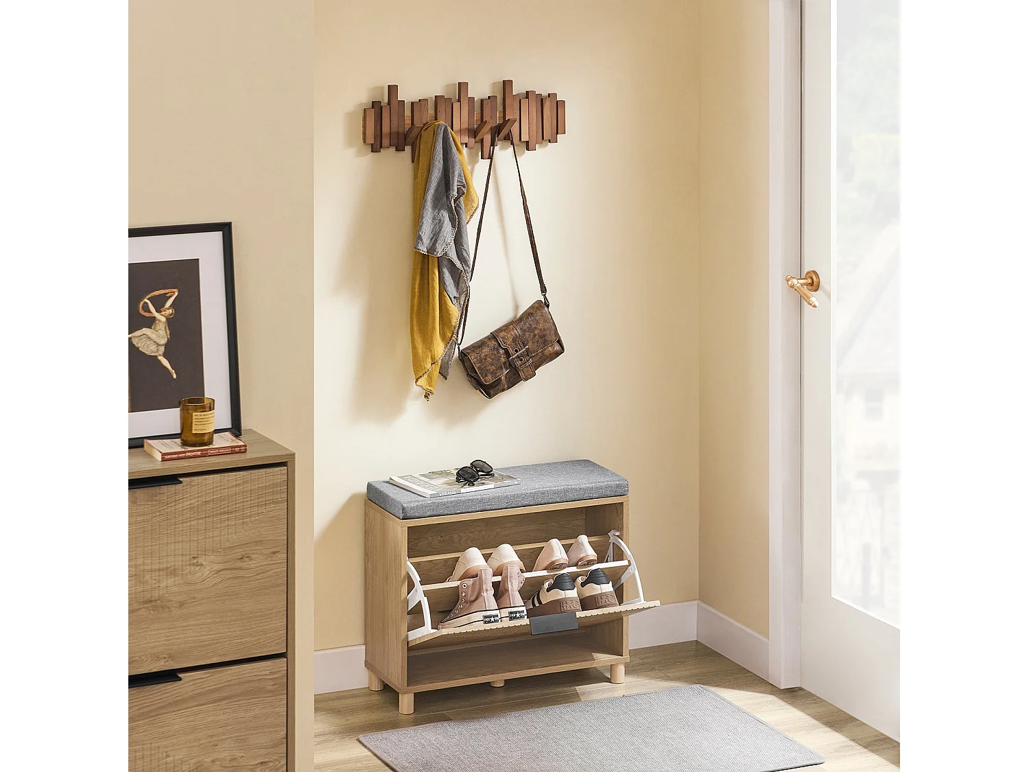 SoBuy ławka wejściowa wąska oszczędzająca miejsce z poduszką do przechowywania jasne drewno i szary 60x24x50cm