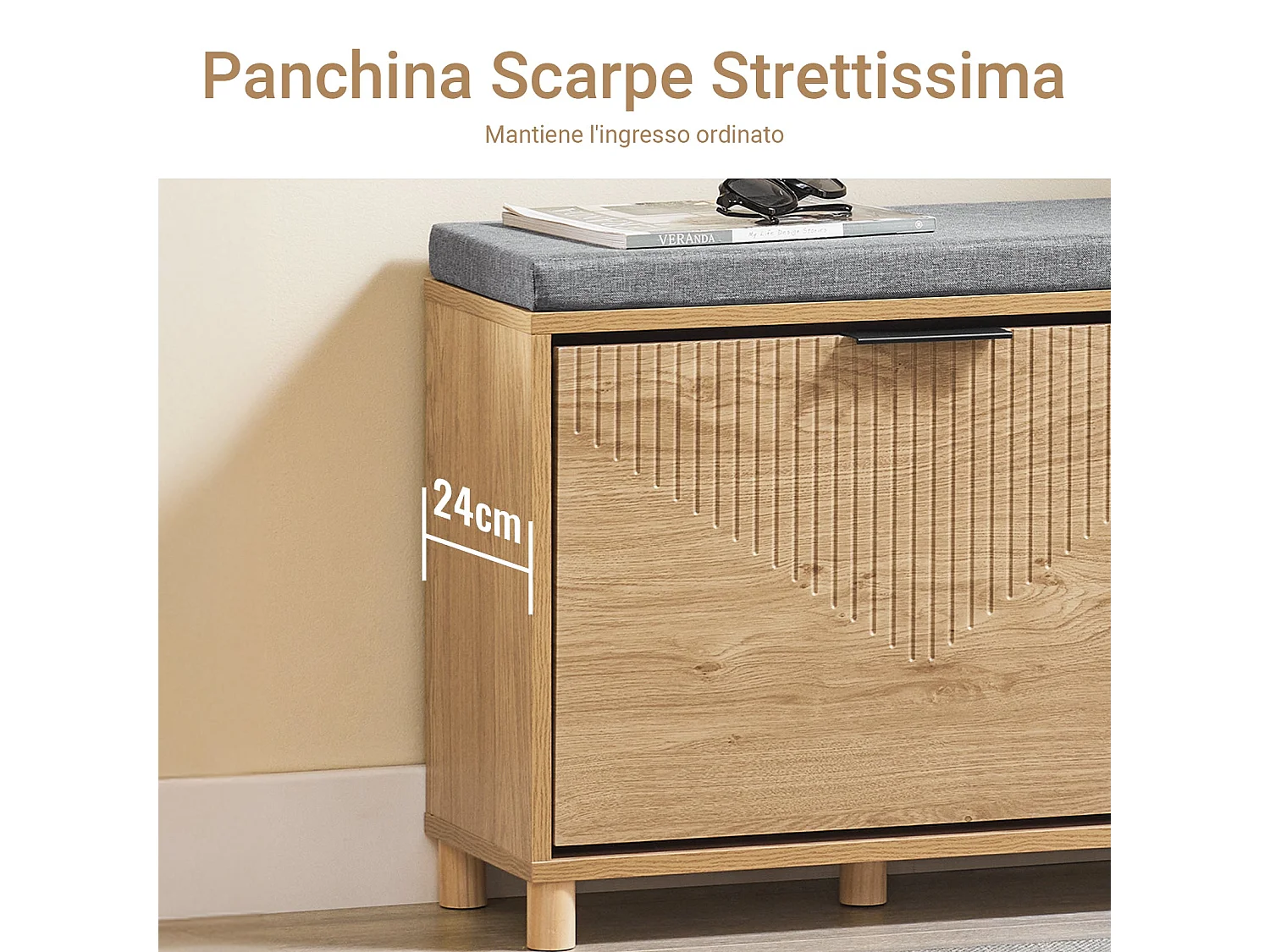 SoBuy ławka wejściowa wąska oszczędzająca miejsce z poduszką do przechowywania jasne drewno i szary 60x24x50cm