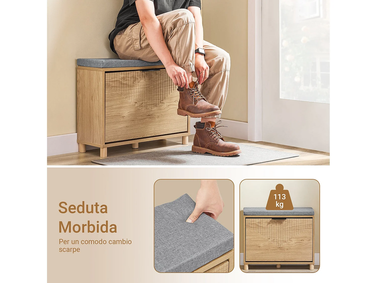 SoBuy ławka wejściowa wąska oszczędzająca miejsce z poduszką do przechowywania jasne drewno i szary 60x24x50cm