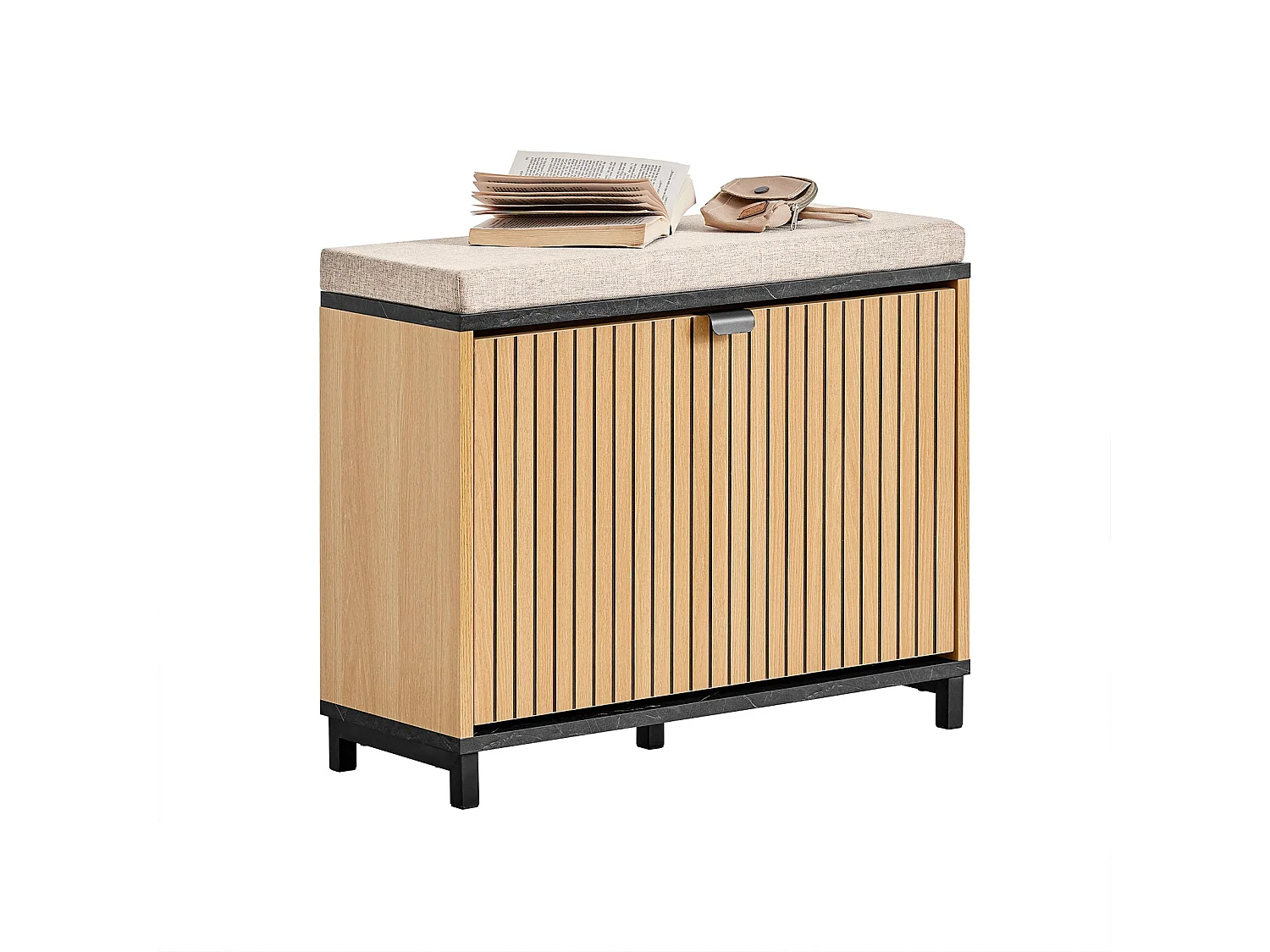 SoBuy Meuble à chaussures banc de rangement peu encombrant avec siège rembourré en bois effet marbre noir 60x24x50cm