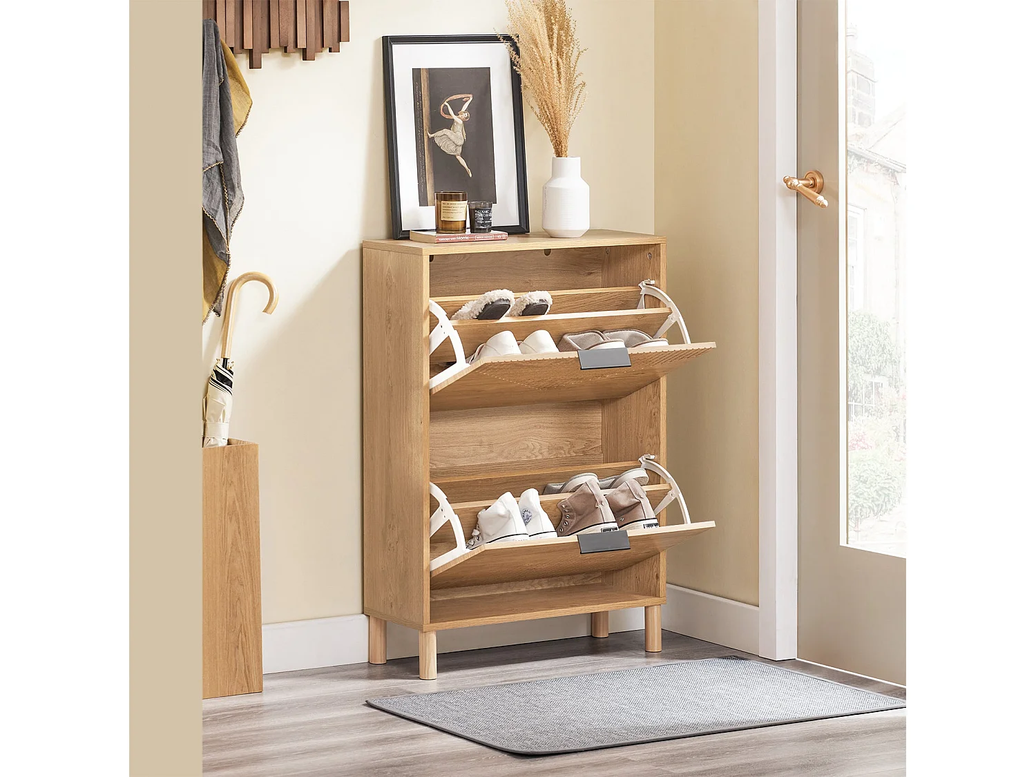 SoBuy Armoire à chaussures mince peu encombrante avec portes pliantes en bois clair pour 8 paires 60x24x88 cm