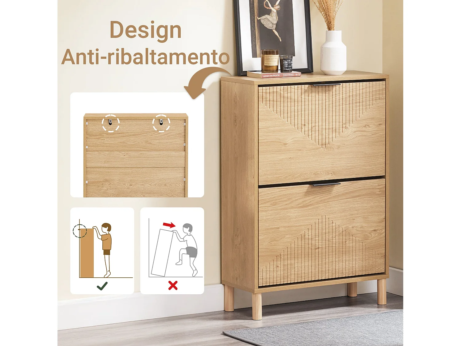 SoBuy Armoire à chaussures mince peu encombrante avec portes pliantes en bois clair pour 8 paires 60x24x88 cm