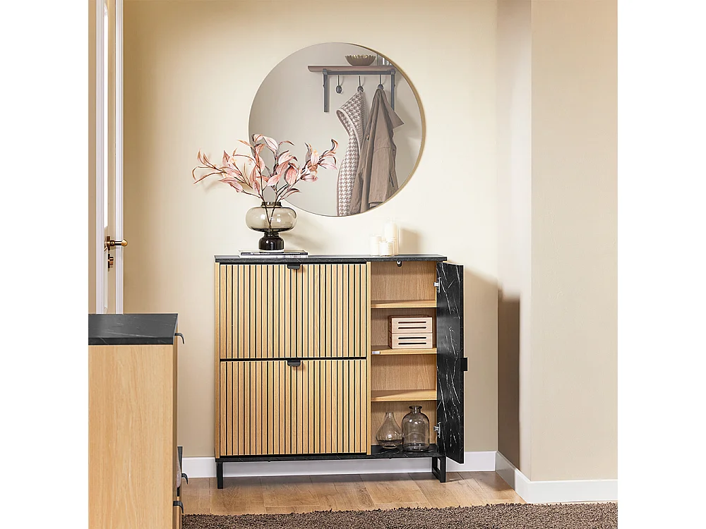 SoBuy Mueble zapatero con 2 puertas plegables para 8 pares de zapatos de entrada mármol negro y madera clara diseño moderno fijación antivuelco