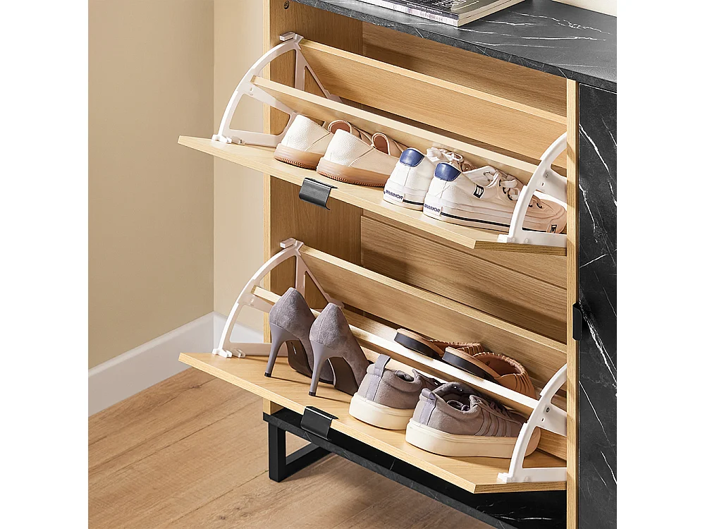 SoBuy Mueble zapatero con 2 puertas plegables para 8 pares de zapatos de entrada mármol negro y madera clara diseño moderno fijación antivuelco