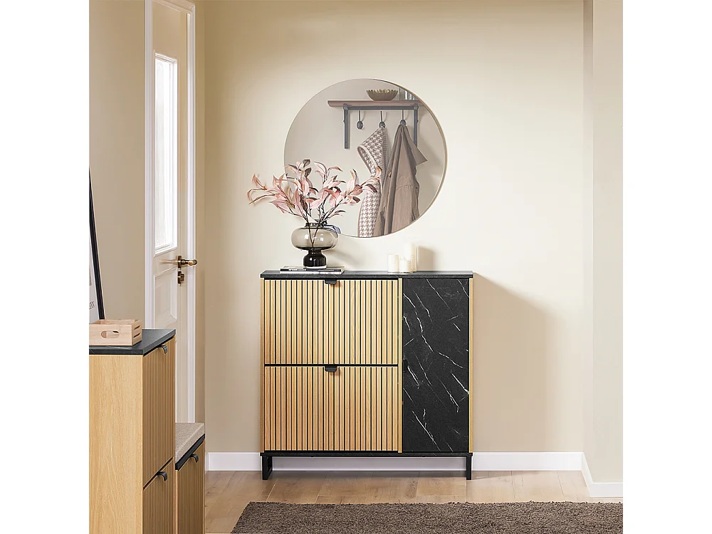 SoBuy Mueble zapatero con 2 puertas plegables para 8 pares de zapatos de entrada mármol negro y madera clara diseño moderno fijación antivuelco