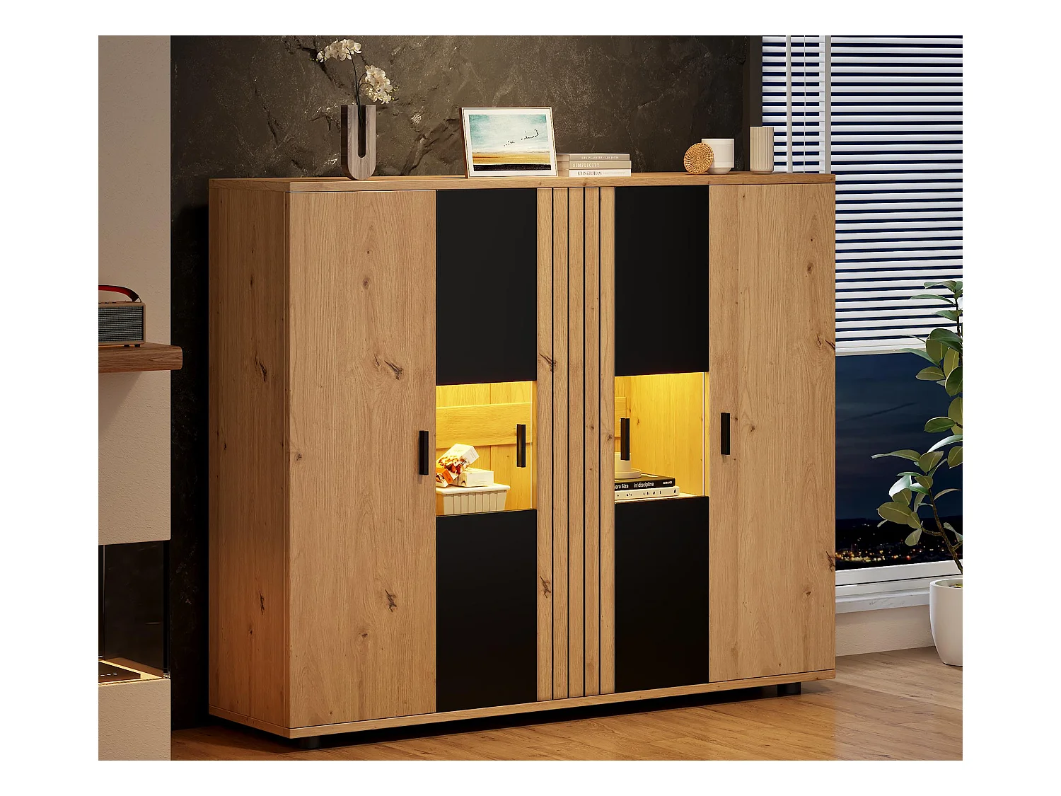 Buffet 140x35x113 cm - avec éclairage LED - 4 portes - Étagères réglables - Naturel + noir