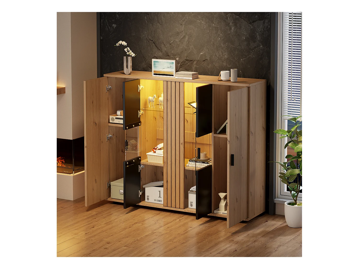 Buffet 140x35x113 cm - avec éclairage LED - 4 portes - Étagères réglables - Naturel + noir