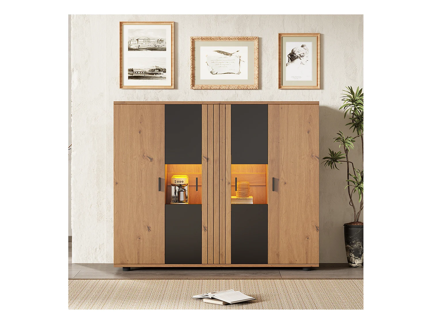 Buffet 140x35x113 cm - avec éclairage LED - 4 portes - Étagères réglables - Naturel + noir