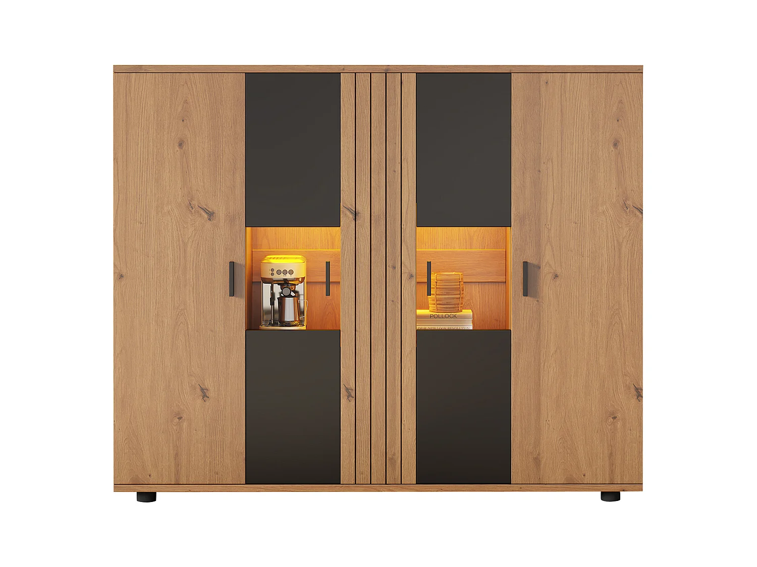 Buffet 140x35x113 cm - avec éclairage LED - 4 portes - Étagères réglables - Naturel + noir