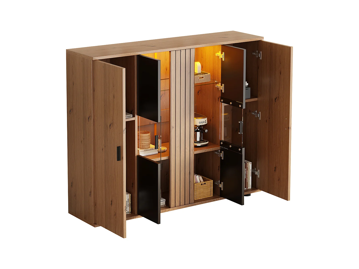 Buffet 140x35x113 cm - avec éclairage LED - 4 portes - Étagères réglables - Naturel + noir