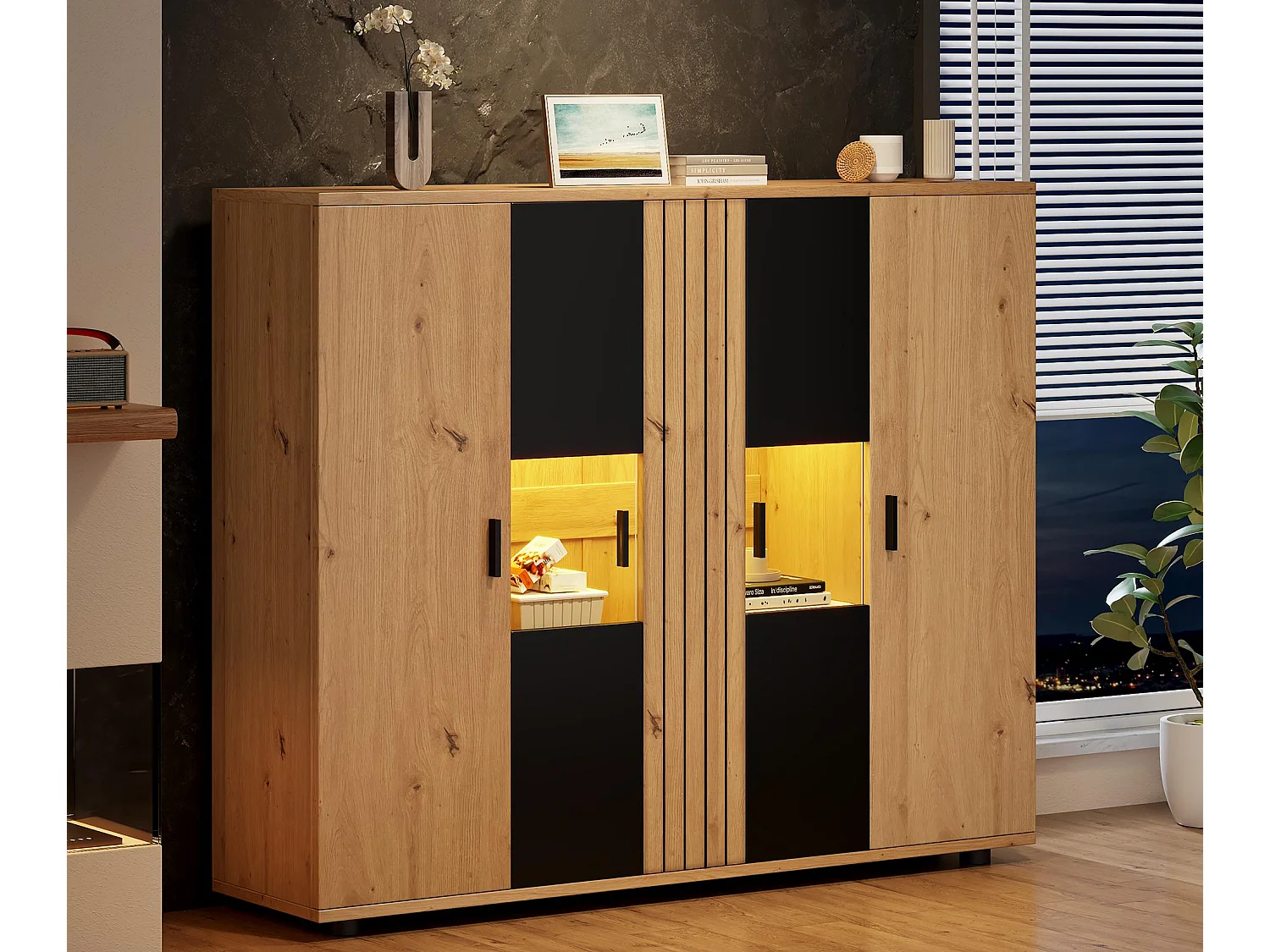 Buffet 140x35x113 cm - avec éclairage LED - 4 portes - Étagères réglables - Naturel + noir