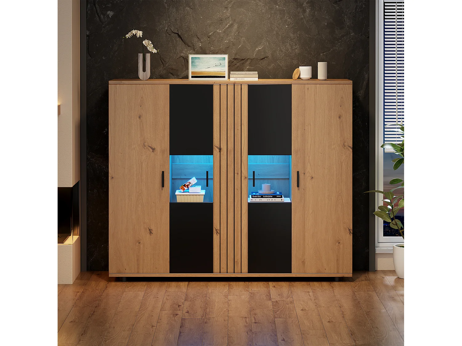Buffet 140x35x113 cm - avec éclairage LED - 4 portes - Étagères réglables - Naturel + noir