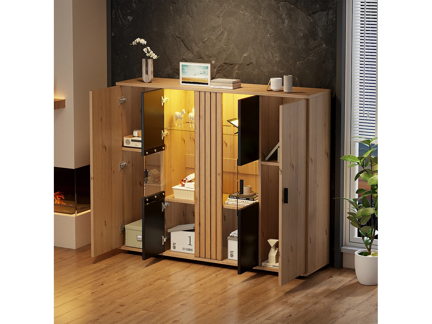 Buffet 140x35x113 cm - avec éclairage LED - 4 portes - Étagères réglables - Naturel + noir