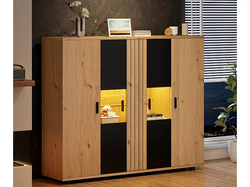 Buffet 140x35x113 cm - avec éclairage LED - 4 portes - Étagères réglables - Naturel + noir
