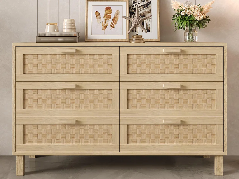 Sideboard 120×40×75 cm - mit 6 Schubladen - Rattan-Optik - Spanplatte - natur