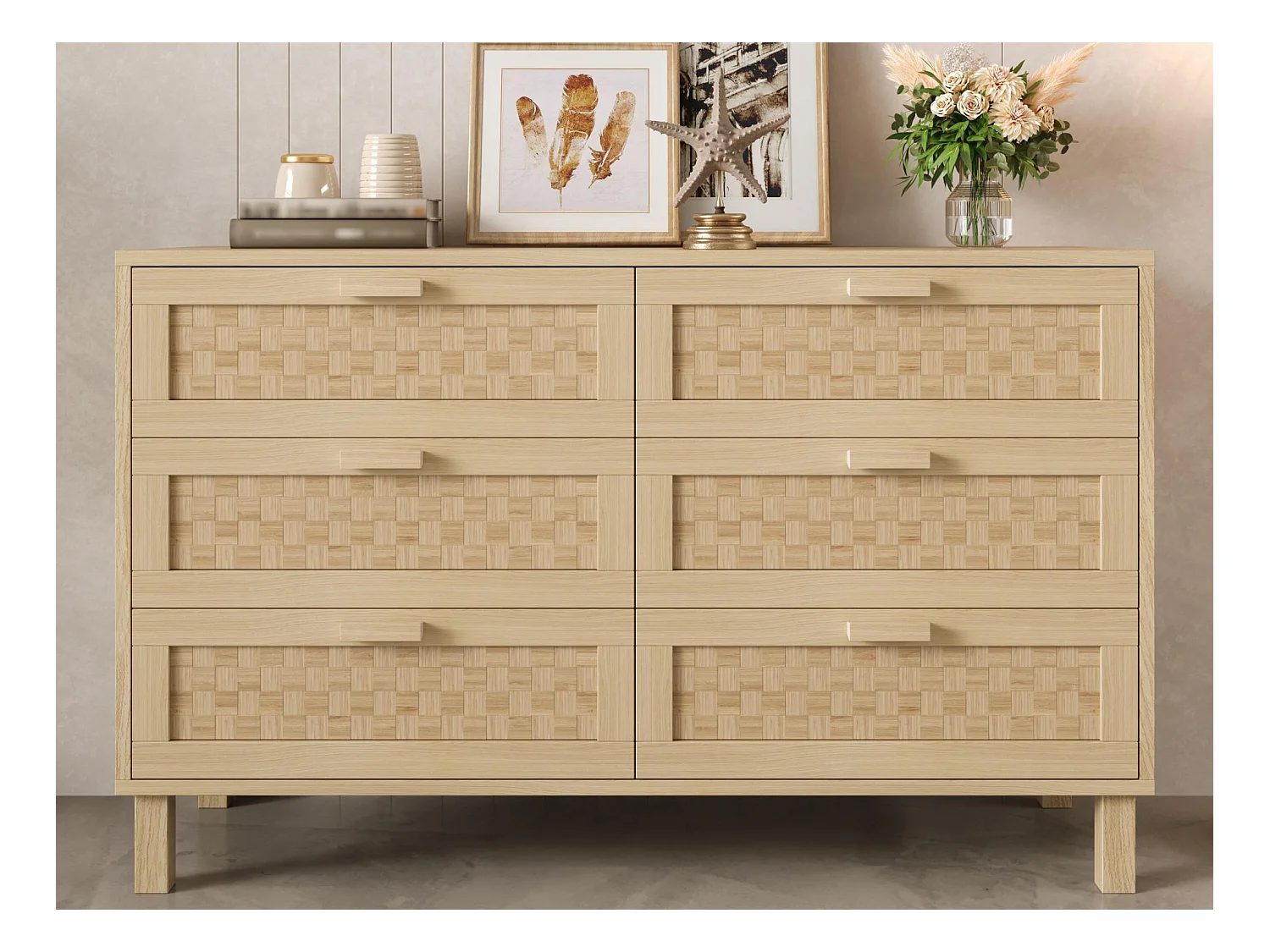 Buffet 120x40x75cm - avec 6 tiroirs - aspect rotin - panneaux de particules - naturel