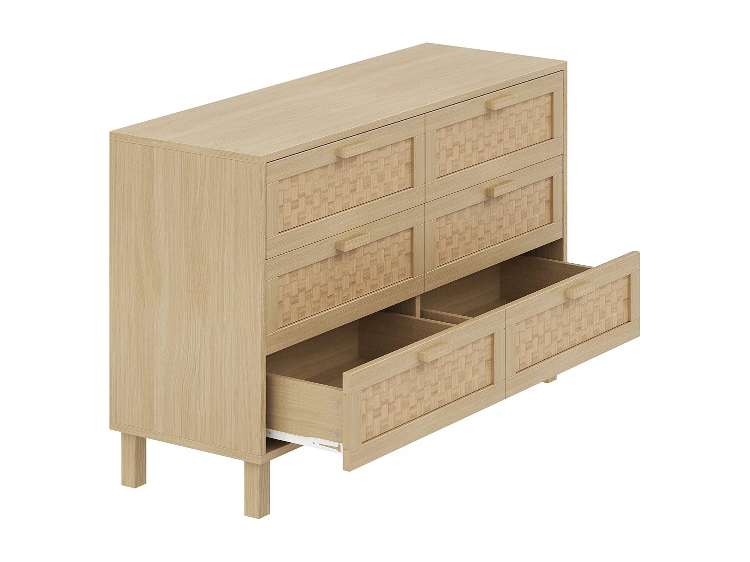 Buffet 120x40x75cm - avec 6 tiroirs - aspect rotin - panneaux de particules - naturel