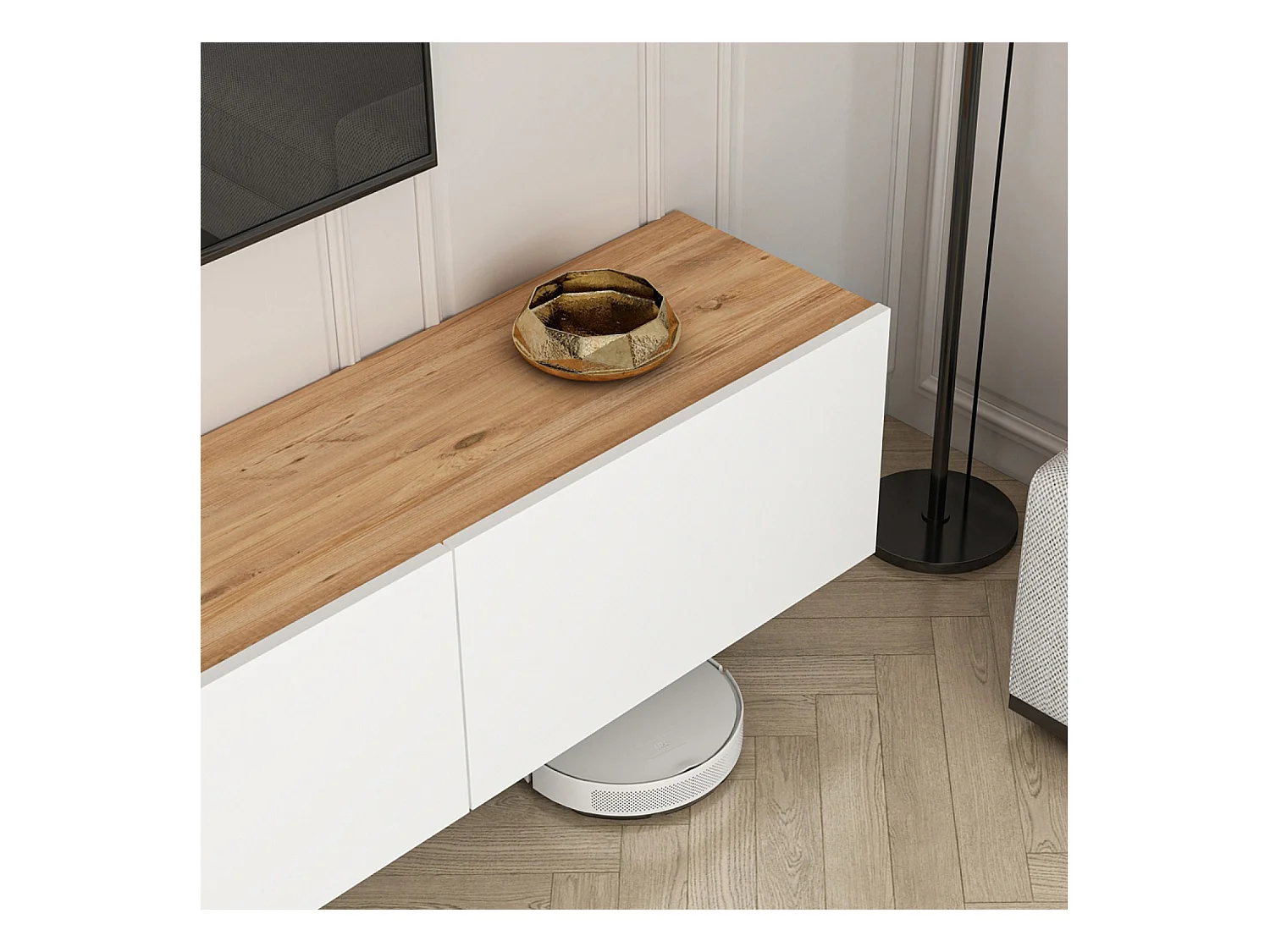 Meuble TV suspendu avec placards 150cm blanc et bois HAL