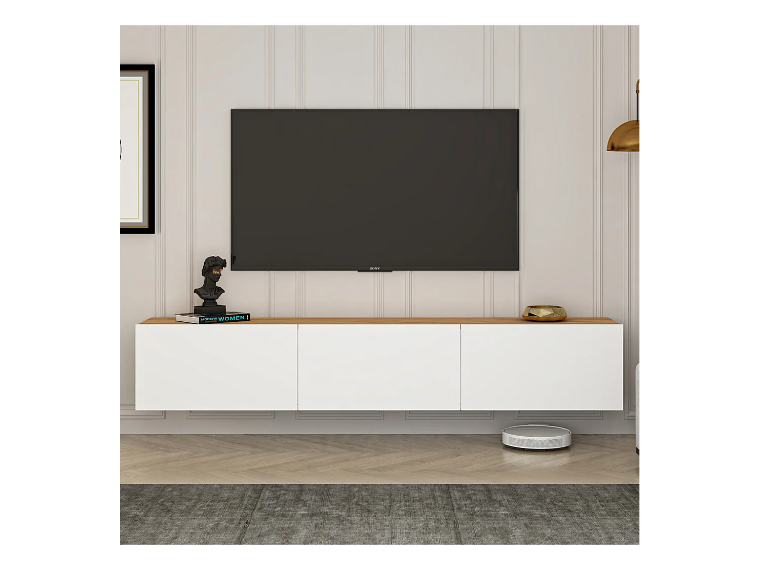 Mueble de TV Colgante 150cm Blanco y Madera con Armarios - Diseño Moderno y Elegante